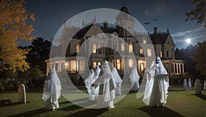 Ghosts and ghouls roam the grounds on Halloween. Image is generated with the use of an Artificial intelligence