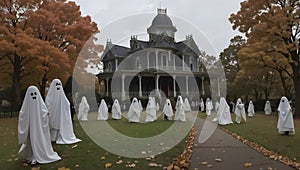 Ghosts and ghouls roam the grounds on Halloween. Image is generated with the use of an Artificial intelligence