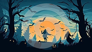 Ghosts in the graveyard in the atmosphere sunset during halloween, illustration, clip art photo