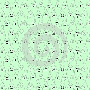 Ghosts. Green spirit. Ghost with different grimaces seamless halloween pattern