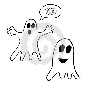 Ghosts and lettering boo in a bubble hand drawn in doodle style. vector, scandinavian, monochrome. Set of elements for design,