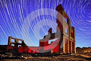 Ghostt Town  Bank Located in Rhyolite, Nevada Light Painted With Blue Hour Sky