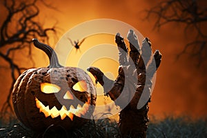 Ghoulish 3D rendered pumpkin with zombie hand rising for a scary vibe