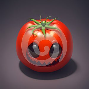 A ghoulish tomato with eyes and teeth resembling a Halloween decoration. AI generated