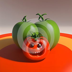 A ghoulish tomatos with eyes and teeth resembling a Halloween decoration. AI generated