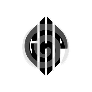 GHP circle letter logo design with circle and ellipse shape. GHP ellipse letters with typographic style. The three initials form a photo
