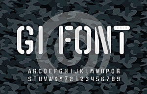 GI alphabet font. Scratched type letters and numbers on camo background.