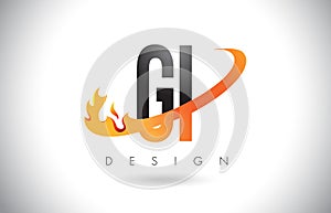 GI G I Letter Logo with Fire Flames Design and Orange Swoosh.