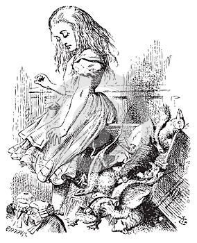 Giant Alice upsets the jury literally - Alice`s Adventures in Wonderland original vintage engraving