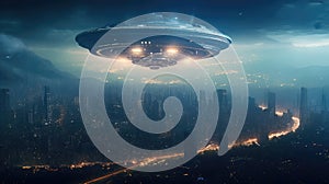 Giant alien ship over city, Large flying Saucer, Visual effect element, invasion sci fi concept, Engine thrust