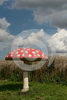 Giant artificial fly agaric at blue sky