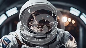 giant astronaut with a monstrous face and sharp teeth.