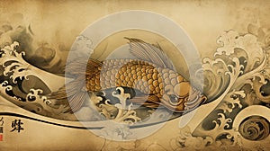 a giant big koi fish jumping out of the water, classic japanese tradition style, ai generated image