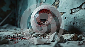 Giant bloodshot eyeball on a gritty surface