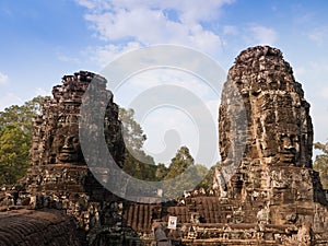 Giant buddha face at Bayon Temple, Cambodia.