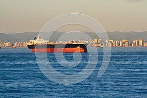 Giant Bulk cargo ship far away at achorage with beautiful city on background photo