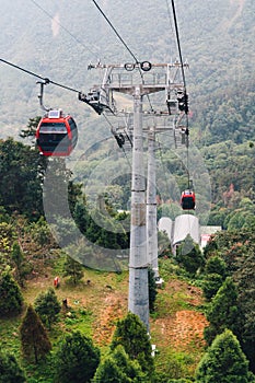 Giant cable posts of Gondola lifts place amid green trees in the area of Sun Moon Lake Ropeway in Yuchi Township, Nantou County