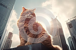 A giant cat on the top of a large building in a city. Generative AI.