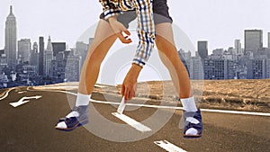 Giant child in blue shoes drawing line on road. Pedestrian safety and awareness in urban areas. Contemporary art collage