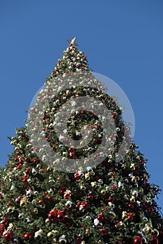 Giant Christmas tree against blue sky