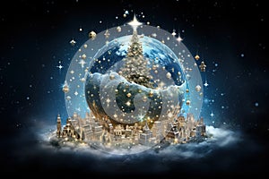 A giant christmas tree on earth globe, stars are shining xmas ball AI Generated