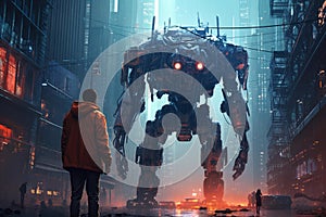 Giant city cyberpunk robot. Generate Ai