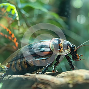 Giant cockroach in a terrarium. A close-up of an exotic insect in a naturalistic habitat. Concept of entomology