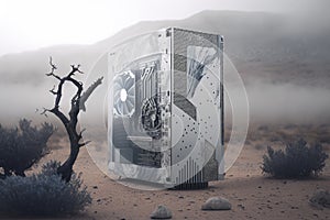 Giant computer case as mountain with glacier