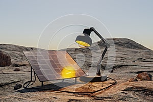 giant desk lamp shining light on solar panel in desert environment renewable unlimited green energy concept 3D Illustration