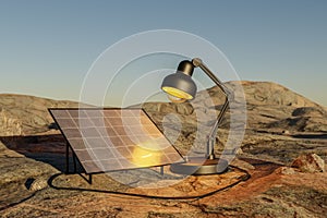 giant desk lamp shining light on solar panel in desert environment renewable unlimited green energy concept 3D Illustration