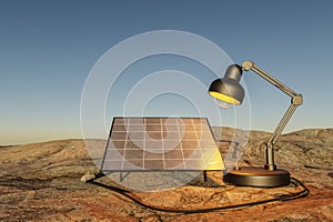 giant desk lamp shining light on solar panel in desert environment renewable unlimited green energy concept 3D Illustration