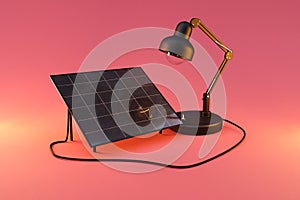 giant desk lamp shining light on solar panel on infinite colorful background renewable unlimited green energy concept 3D