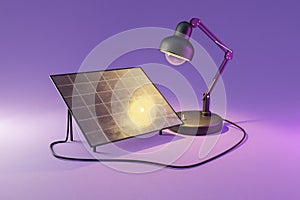 giant desk lamp shining light on solar panel on infinite colorful background renewable unlimited green energy concept 3D