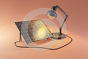 giant desk lamp shining light on solar panel on infinite colorful background renewable unlimited green energy concept 3D