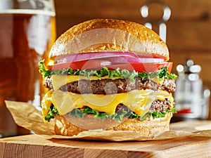 Huge cheeseburger with beer in background