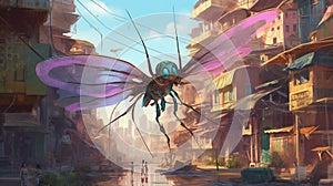 A giant dragonfly flying in the city. Fantasy concept , Illustration painting