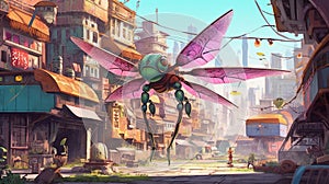 A giant dragonfly flying in the city. Fantasy concept , Illustration painting