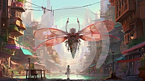 A giant dragonfly flying in the city. Fantasy concept , Illustration painting