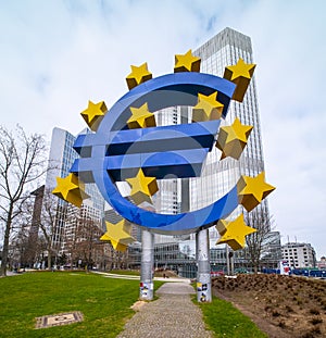 Giant Euro Symbol at Willy Brandt Square in Frankfurt - CITY OF FRANKFURT, GERMANY - MARCH 11, 2021