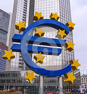 Giant Euro Symbol at Willy Brandt Square in Frankfurt - CITY OF FRANKFURT, GERMANY - MARCH 11, 2021