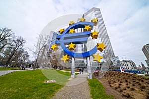 Giant Euro Symbol at Willy Brandt Square in Frankfurt - CITY OF FRANKFURT, GERMANY - MARCH 11, 2021