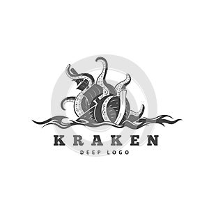 Giant evil kraken logo, silhouette octopus sea monster with tentacles