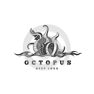 Giant evil kraken logo, silhouette octopus sea monster with tentacles photo