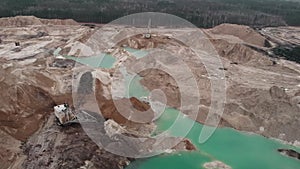 Giant excavator works at sand quarry, drone shot. Huge industrial mining quarry with sand and lakes. Opencast quarry with big exca