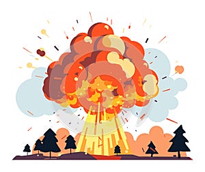 Giant explosion with mushroom cloud in the forest. Catastrophic event, nature vs manmade disaster. Apocalyptic scenario