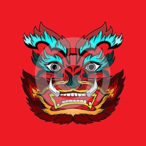 Giant face artwork Asian style cut out on red