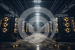 Giant farm of cryptocurrency mining rigs. Generative AI