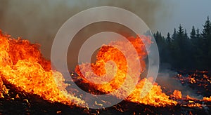 giant fire in the middle of the leafy forest with high flames and black smoke in high resolution and sharpness. fire concept