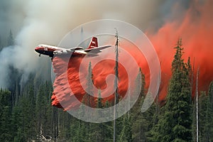 A giant firefighting air tanker plane flying low and releasing a massive deluge of fire retardant chemicals onto the burning