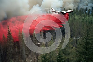 A giant firefighting air tanker plane flying low and releasing a massive deluge of fire retardant chemicals onto the burning